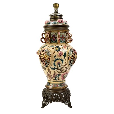 Lot 484 - Zsolnay Pecs (attributed), a Hungarian porcelain oil lamp base.