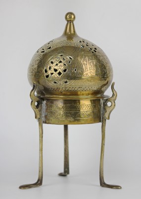 Lot 92 - A Cairoware brass incense burner, early 20th century.