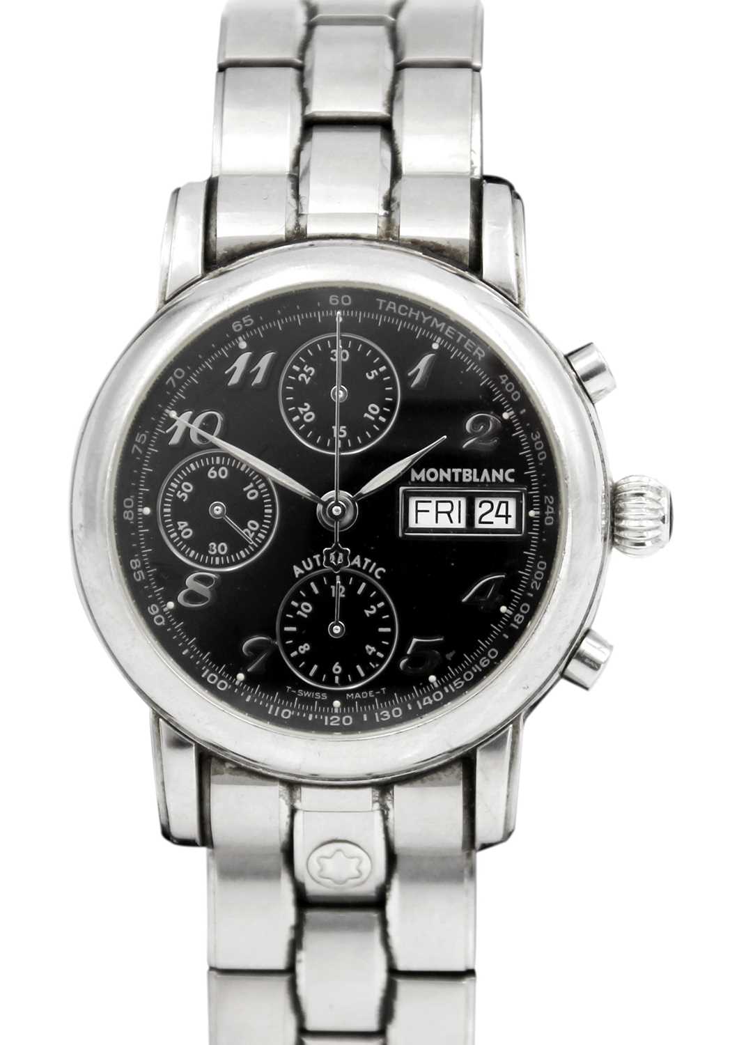 Lot 165 - MONTBLANC - A stainless steel gentleman's automatic chronograph bracelet wristwatch.