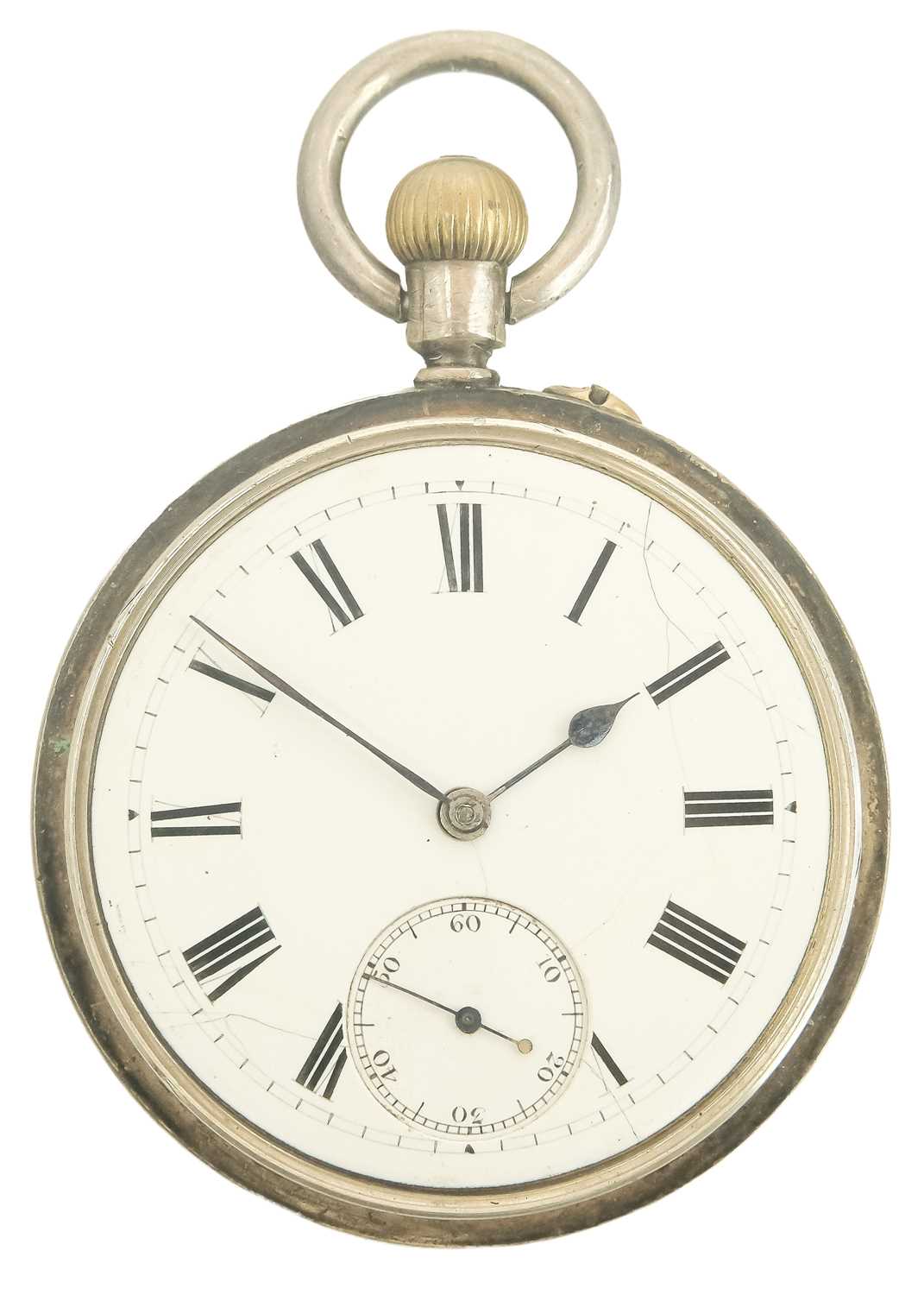 Lot 50 - A silver cased crown wind lever pocket watch with silver Albert watch chain.