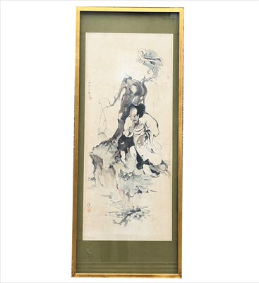 Lot 243 - A Chinese painting of a fisherman watching dragonflies, early 20th century.