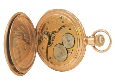 Lot 10 - A Waltham 'Ensign' rose gold plated full hunter slim cased lever pocket watch.