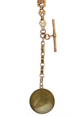 Lot 91 - A 9ct rose gold fancy link Albert watch chain with George III spade guinea gaming token fob.