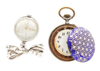 Lot 225 - A Tudor silver nurses 'ball' watch on a silver ribbon brooch and a 935 silver enamel fob watch.