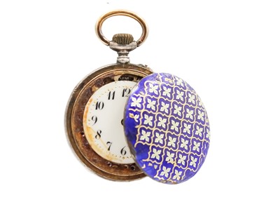 Lot 225 - A Tudor silver nurses 'ball' watch on a silver ribbon brooch and a 935 silver enamel fob watch.