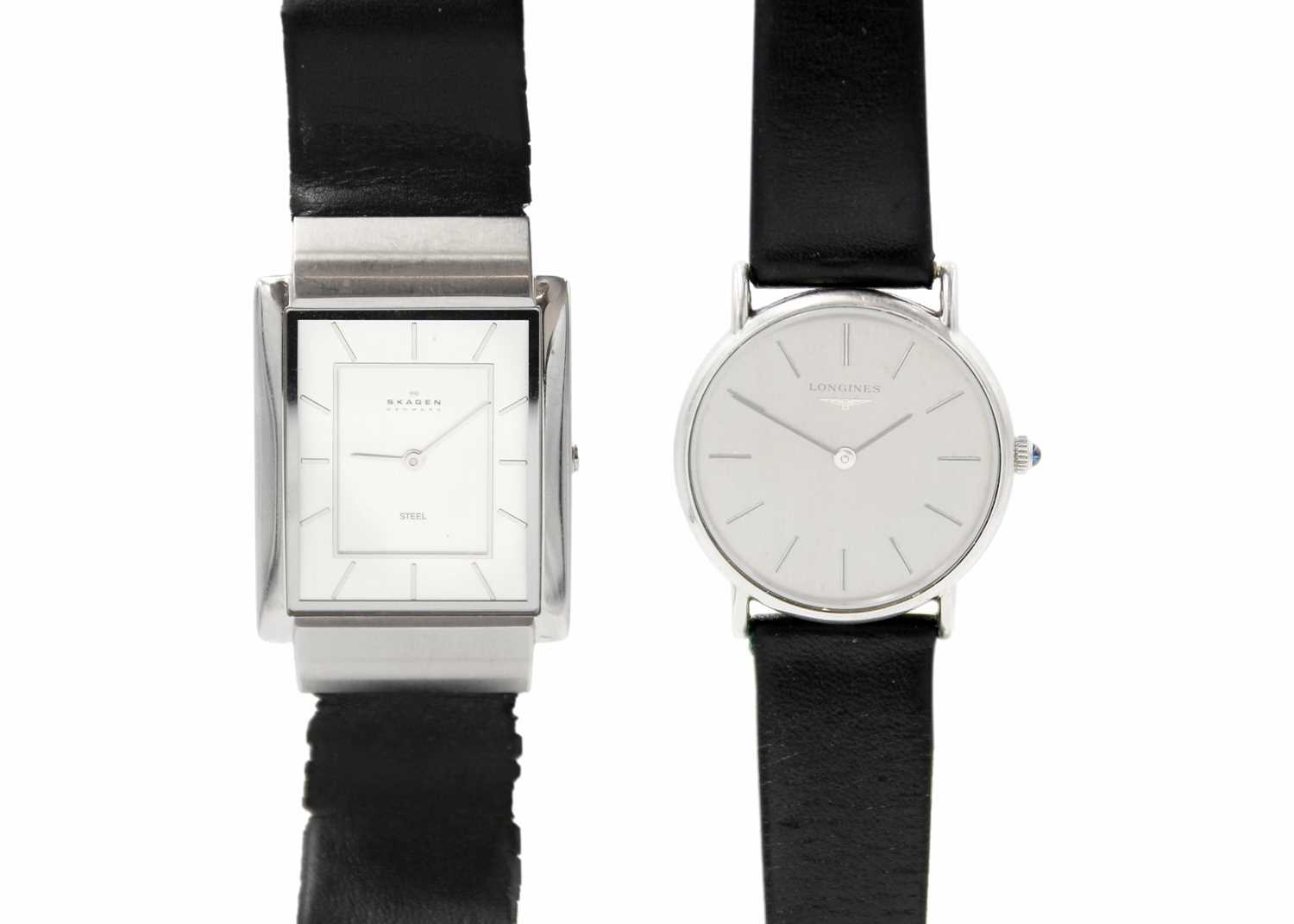 Lot 217 - LONGINES - A stainless steel gentleman's manual wind dress wristwatch.