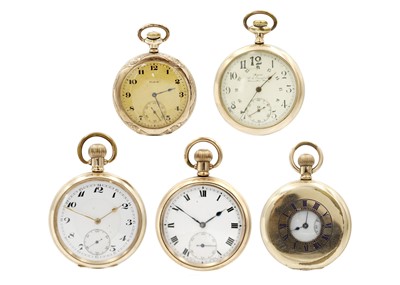 Lot 214 - A selection of five gold-plated crown wind pocket watches.