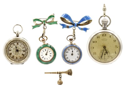 Lot 252 - Two silver pocket watches, two silver and enamel pendant watches and a winding key.