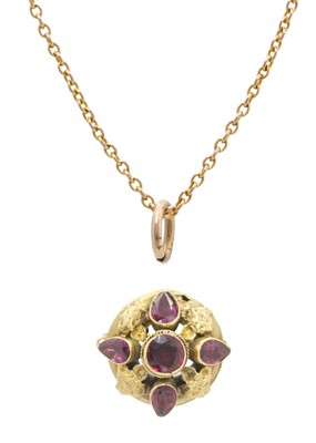 Lot 13 - A Victorian high purity gold almandine garnet set small circular brooch; and a 9ct necklace.