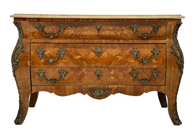 Lot 1718 - A Louis XV style kingwood and fruitwood marquetry marble top bombe commode.