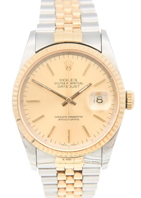 Lot 128 - ROLEX - An Oyster Perpetual Datejust 18ct and stainless steel gentleman's wristwatch.