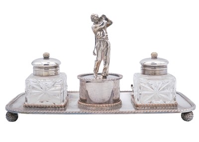 Lot 259 - An silver plate on copper novelty golfing ink stand.