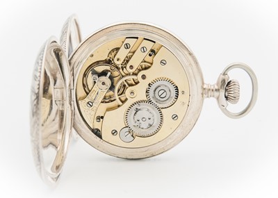 Lot 21 - A silver-cased full hunter crown wind Swiss lever pocket watch.