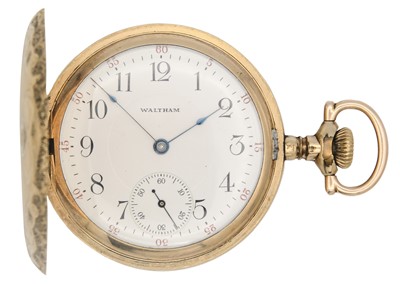 Lot 53 - WALTHAM - A gold-plated full hunter crown wind lever pocket watch.