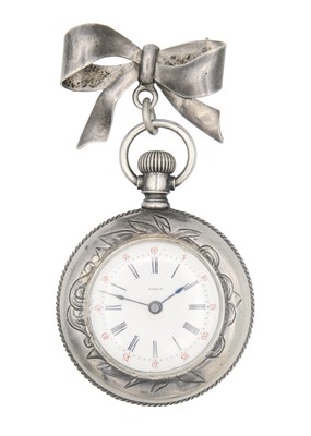 Lot 37 - OMEGA - A silver cased crown wind fob pocket watch on silver bow brooch.