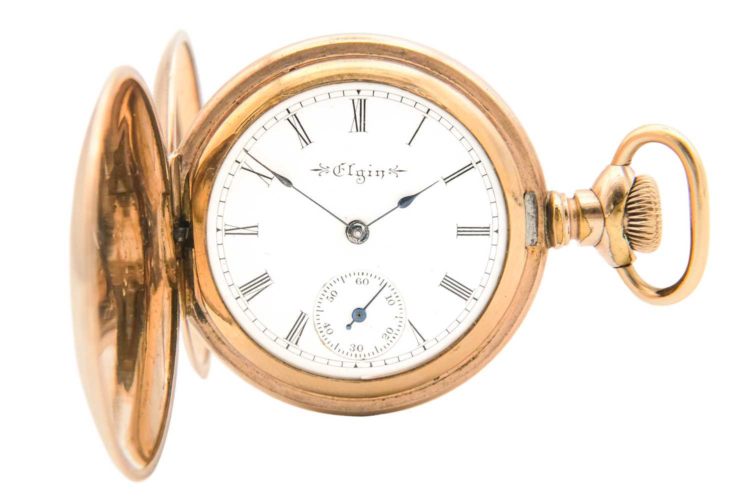 Lot 36 - ELGIN - A rose gold plated full hunter lady's fob pocket watch.