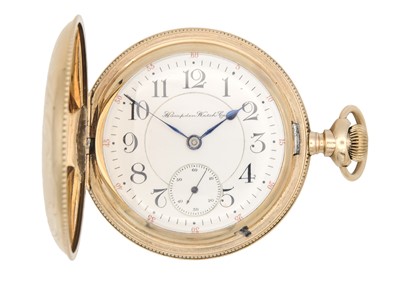Lot 44 - HAMPDEN WATCH CO. - A large rose gold plated full hunter crown wind pocket watch.