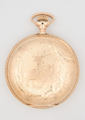 Lot 44 - HAMPDEN WATCH CO. - A large rose gold plated full hunter crown wind pocket watch.