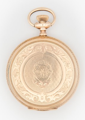 Lot 46 - ELGIN - A rose gold plated full hunter crown wind lever pocket watch.
