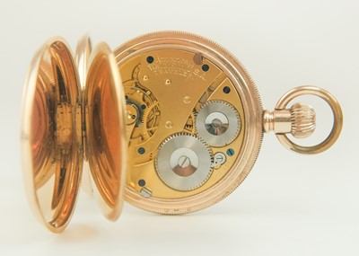 Lot 22 - WALTHAM - A rose gold plated full hunter crown wind lever pocket watch.
