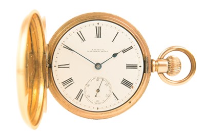 Lot 22 - WALTHAM - A rose gold plated full hunter crown wind lever pocket watch.