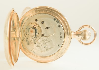 Lot 23 - ROCKFORD - A large rose gold plated full hunter crown wind lever pocket watch.