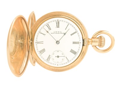 Lot 43 - WALTHAM - A rose gold plated full hunter crown wind fob pocket watch.