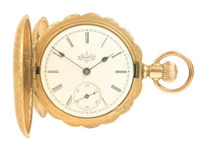 Lot 54 - ELGIN - A rose gold plated crown wind full hunter lever pocket watch.