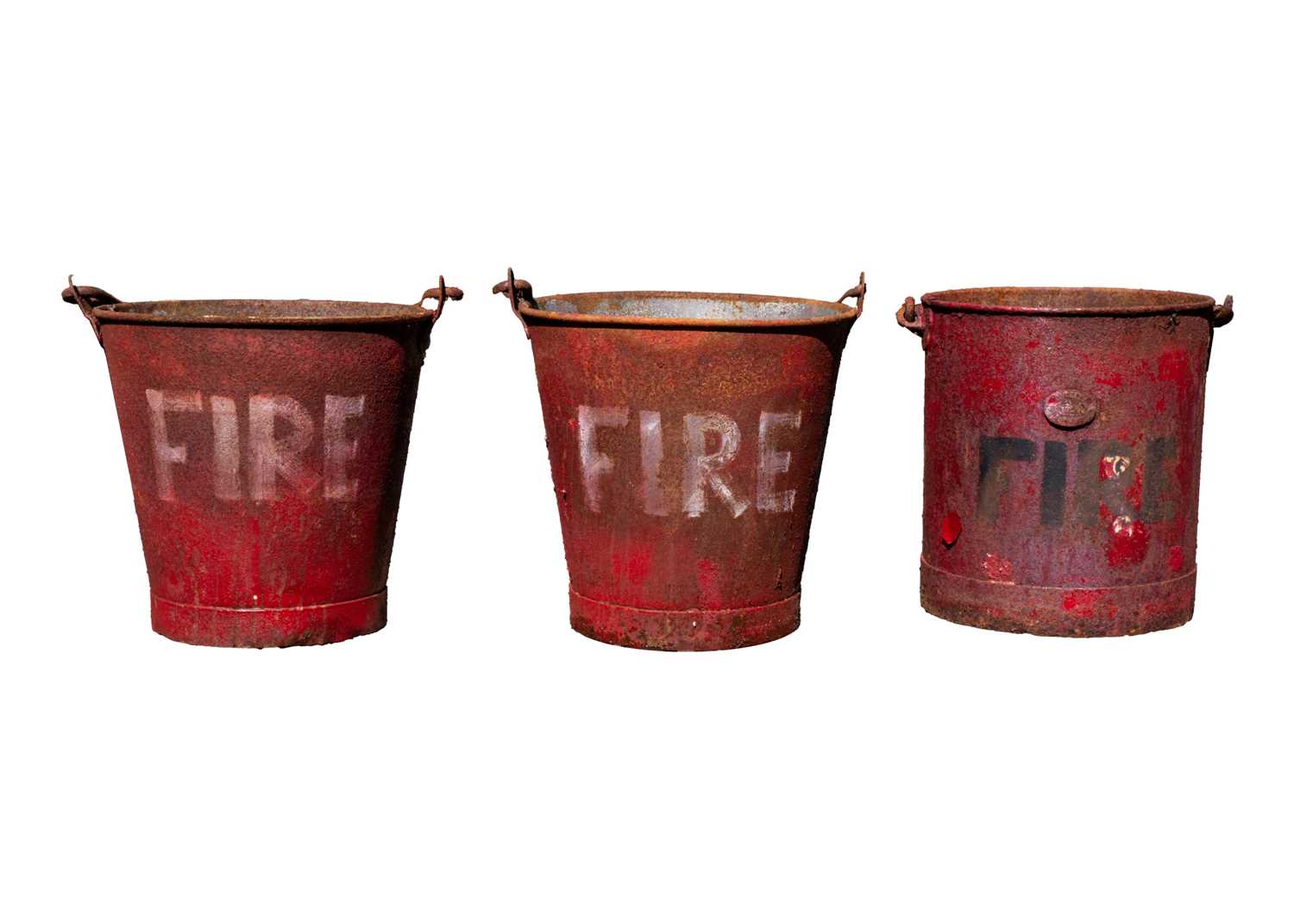 Lot 56 - Three red painted metal 'FIRE' buckets.