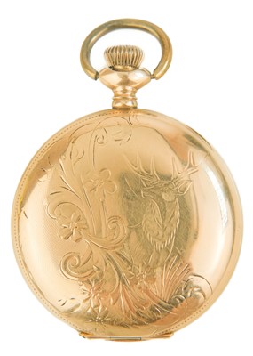 Lot 5 - WALTHAM - A rose gold plated full hunter crown wind lever pocket watch.