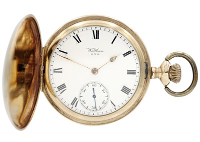 Lot 5 - WALTHAM - A rose gold plated full hunter crown wind lever pocket watch.