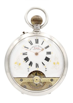 Lot 35 - A silver cased crown wind pocket watch with visible escapement dial.