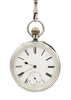 Lot 33 - A silver cased crown wind lever pocket watch and silver Albert watch chain.