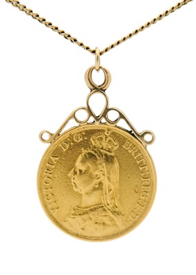 Lot 220 - An 1887 Victoria two-pound gold coin pendant, 9ct mounted.