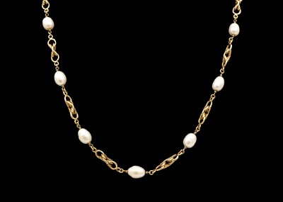 Lot 17 - A 9ct fancy link necklace with fifteen cultured pearl spacers.