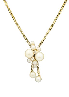 Lot 22 - An attractive 9ct diamond and cultured pearl set pendant lariat style necklace.