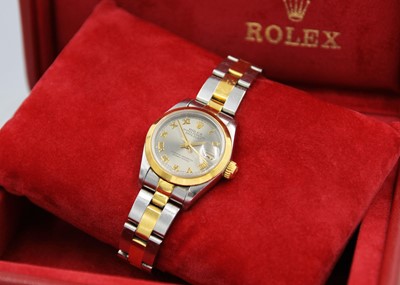 Lot 183 - ROLEX - An Oyster Perpetual Datejust lady's bi-colour wristwatch.
