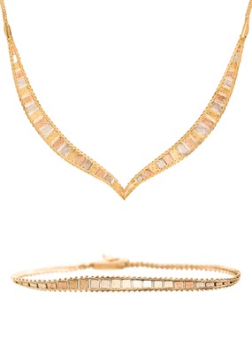 Lot 41 - A 9ct tri-colour gold necklace and bracelet matched suite.