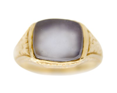 Lot 53 - A 14ct gold chalcedony set lady's signet ring.