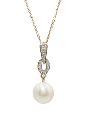 Lot 58 - A 9ct diamond set and cultured pearl pendant necklace.