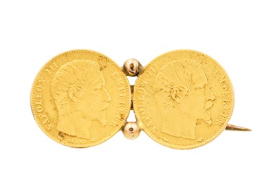 Lot 71 - A brooch set with two 5 Francs gold coins.