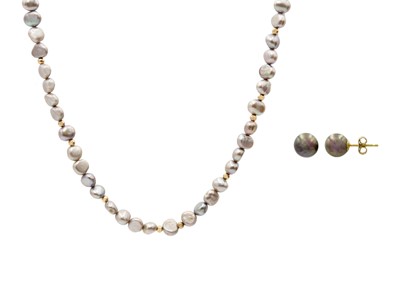 Lot 182 - A grey cultured pearl necklace with 9ct clasp and bead spacers.