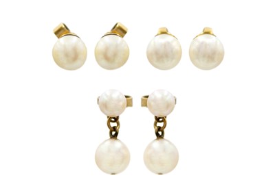 Lot 73 - A pair of cultured white pearl stud earrings with 18ct mount by Tiffany & Co.