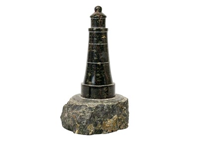 Lot 8 - A Cornish serpentine turned model of a lighthouse.