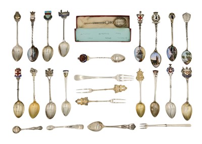 Lot 181 - A collection of hallmarked and .800 silver spoons and forks, various are souvenirs with enamel.