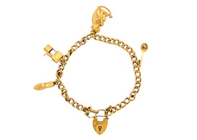 Lot 190 - A 9ct curb link bracelet with padlock clasp applied with four 9ct charms.