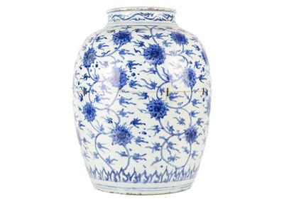 Lot 126 - A Chinese blue and white porcelain ovoid jar, Ming Dynasty.