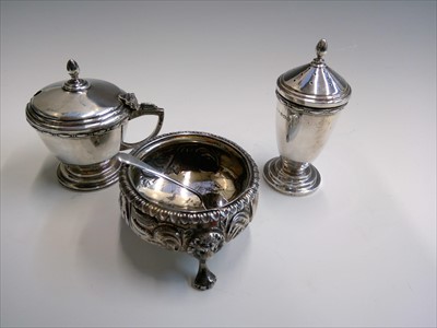 Lot 2028 - A silver Georgian style open salt and a pair...