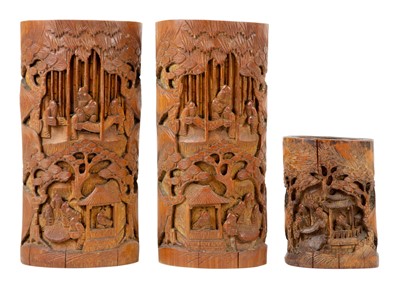 Lot 1108 - A pair of Chinese carved bamboo brush pots, 19th century.