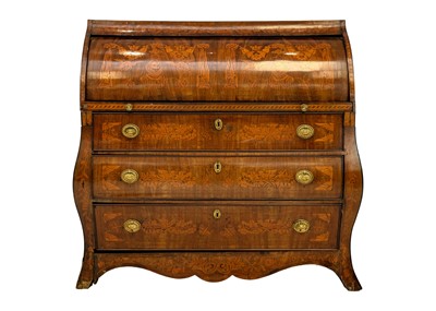 Lot 1015 - A Dutch mahogany and fruitwood marquetry bombe cylinder bureau.